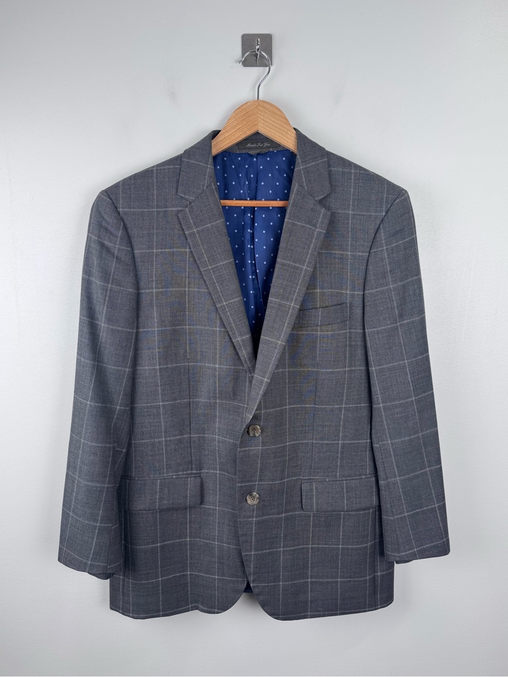 Indochino Men Wool Plaid Grey Blazer Suit Jacket Size 42
